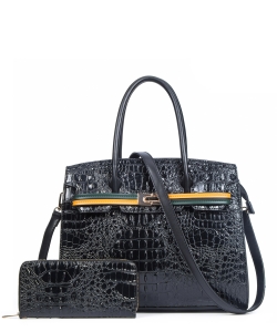 Crocodile Skin Fashion Satchel Bag with Wallet  05-8414 BLACK